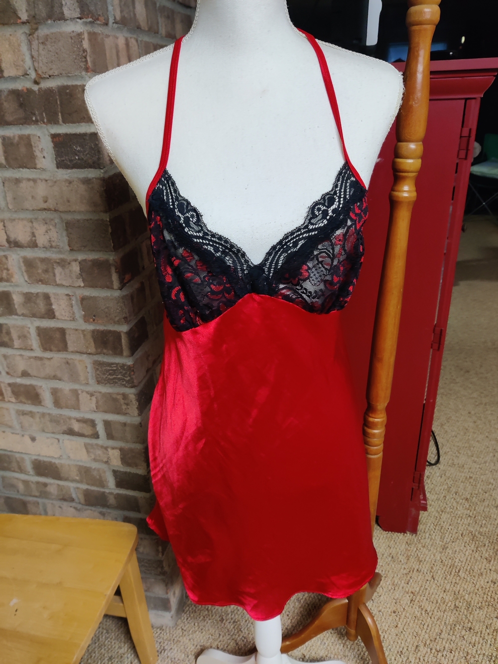 Linea Donatella Red Satin Lingerie with Black Lace Trim, Large